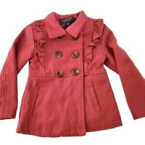 Sz 4T CHEROKEE Girls Magenta Double-breasted Wool-Blend Peacoat with Pockets